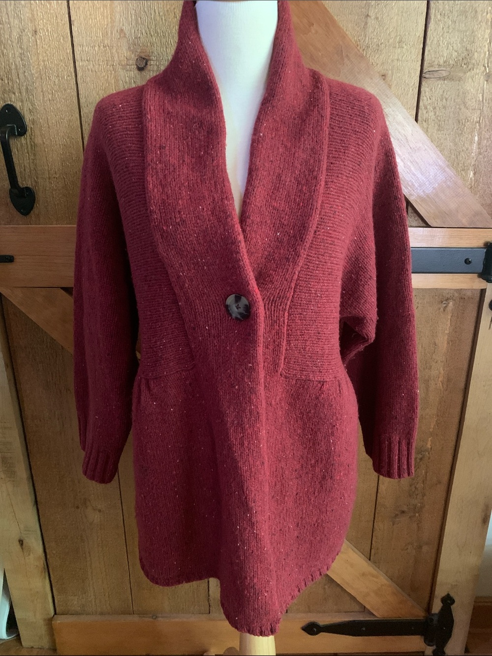 Women's WOOL-RICH Burgundy Wool-Shetland Shawl Collar One Button Sweater Size XL